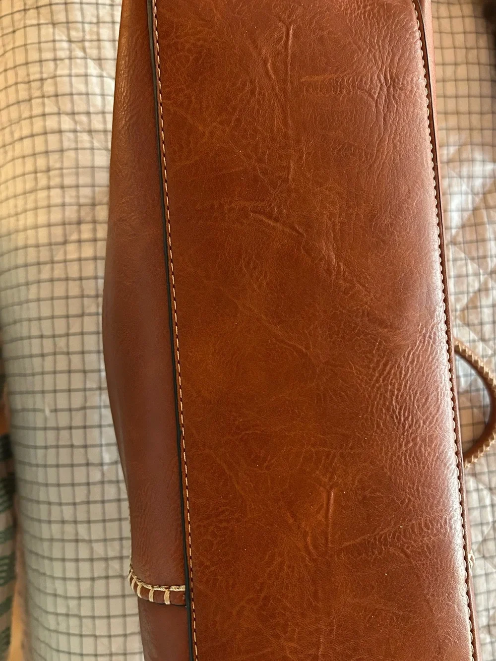 Natural Brown Vegan Leather Shoulder Bag w/large accessory bag 12”x 16” Pristine